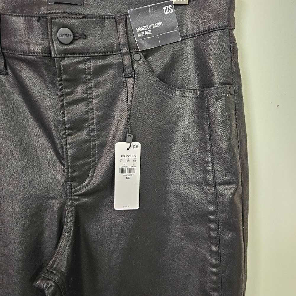 NWT EXPRESS BLACK MODERN STRAIGHT HIGH RISE LEATHER LOOK PANTS SIZE 12 SHORT - Picture 8 of 16